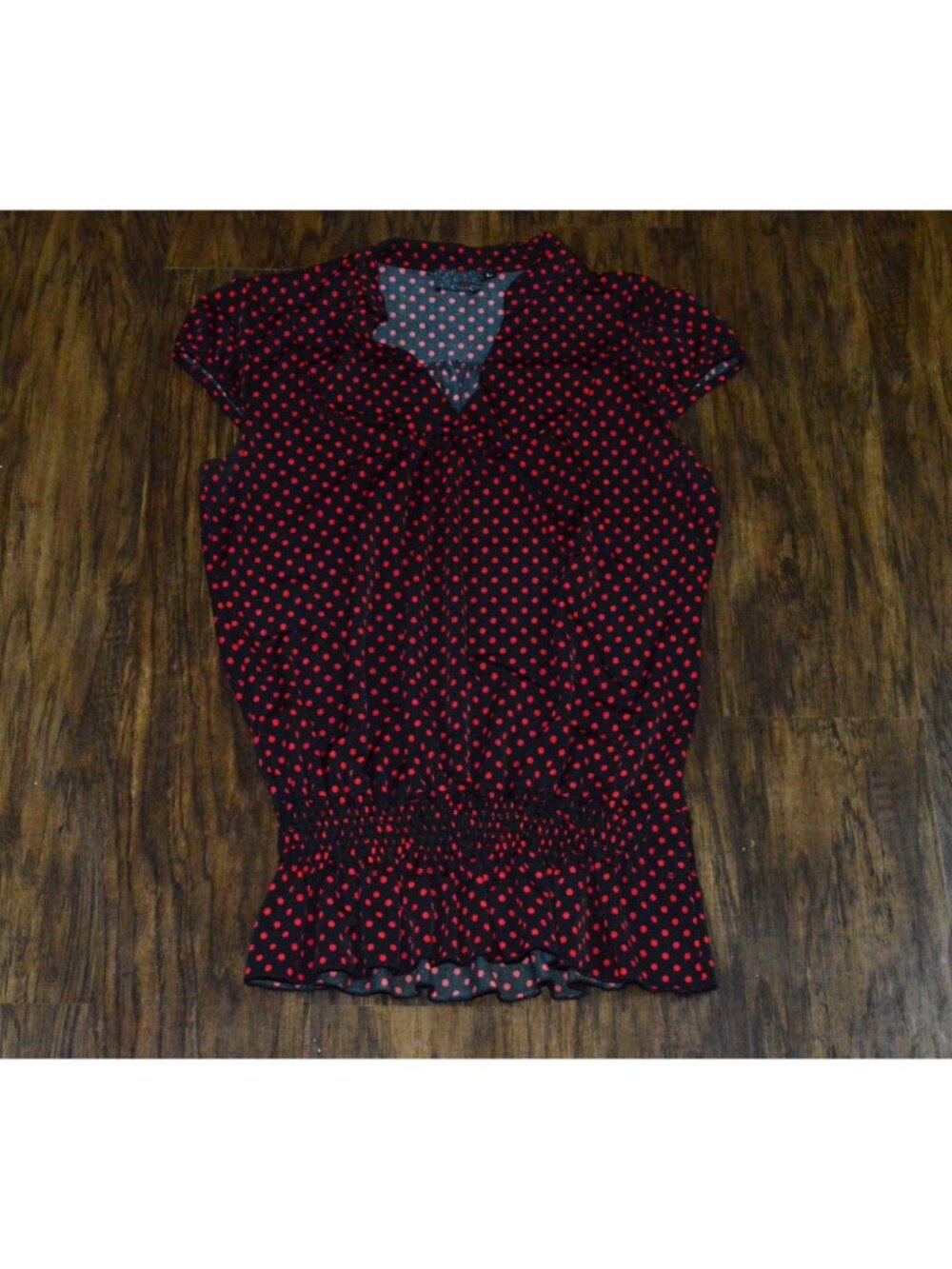 Women's Size Large Black & Red Polka Dot V Neck Top Ruched Waist Y2K Whimsygoth